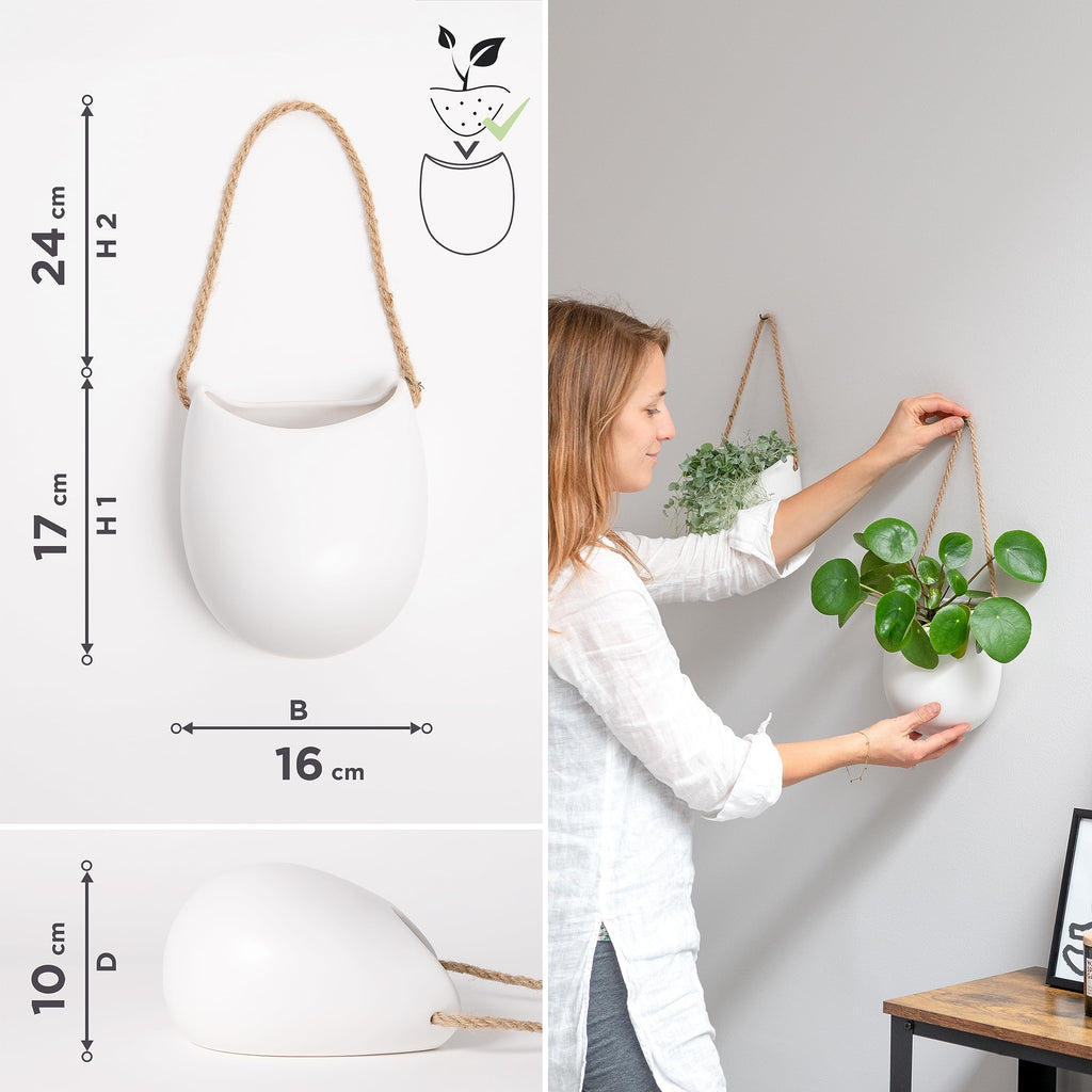 Wall Planters -Ellie - Hanging Ceramic Plant Pots 2 Pieces | Wall Decoration for Indoors, Balcony and Garden | White