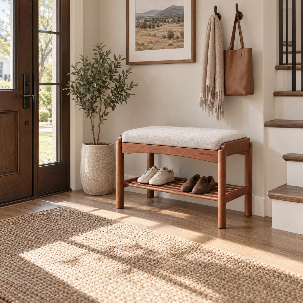 Solid Wood Shoe Bench, 24 Inch Entryway Bench with Light Gray Cushion