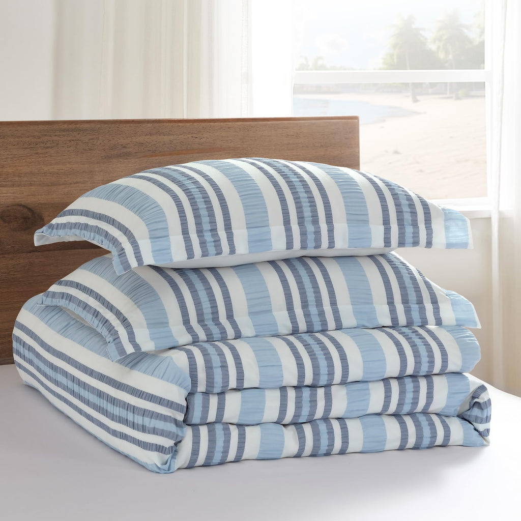 Seaside Stripes Textured Comforter Set (90x94in) with 2 Pillowcases (26x20in) - Coastal Stripe - Blue