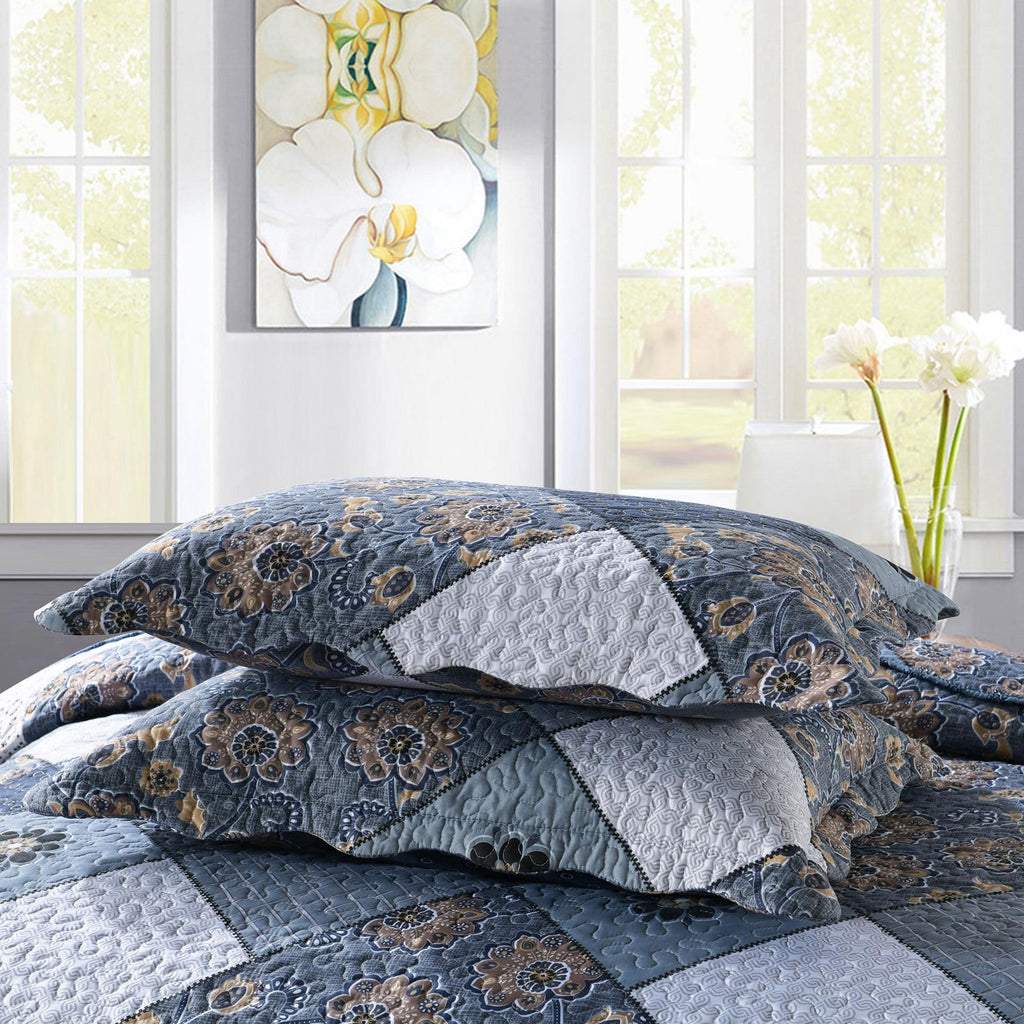 Navy Blue Plaid Floral Quilt Set 98"x106", 3 Pcs Boho Bedspread Coverlet Set for All Season, Patchwork