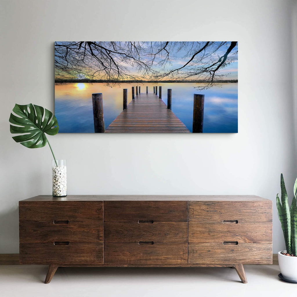 Lake Canvas Wall Art Picture - Landscape Artwork Nature Scene Dock Painting with Sunset Calm Pier Print Wall Living