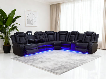 Power Leather Recliner Sectional Sofa with LED Lights, L Shaped Reclining Sectional Sofa, Modular Leather Couch with