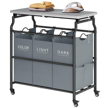3 Section Laundry Sorter with Ironing Board, Laundry Hamper, Gray