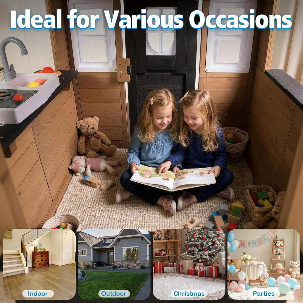 Kids Outdoor Playhouse, 9-in-1 Cedar Wooden Playhouse with Kitchen Set, Snack Bar, Dog Door, Working Doorbell, Toy