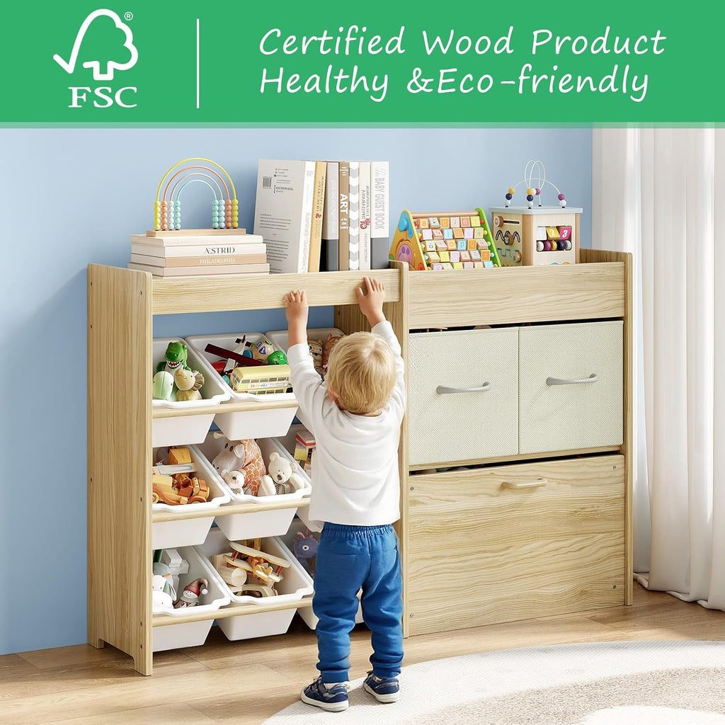 Toy Storage Organizer for Kids, 9-Bin Toy Organizer with 2-Drawers, Movable Toy Chest and Top Rack, Multifunctional