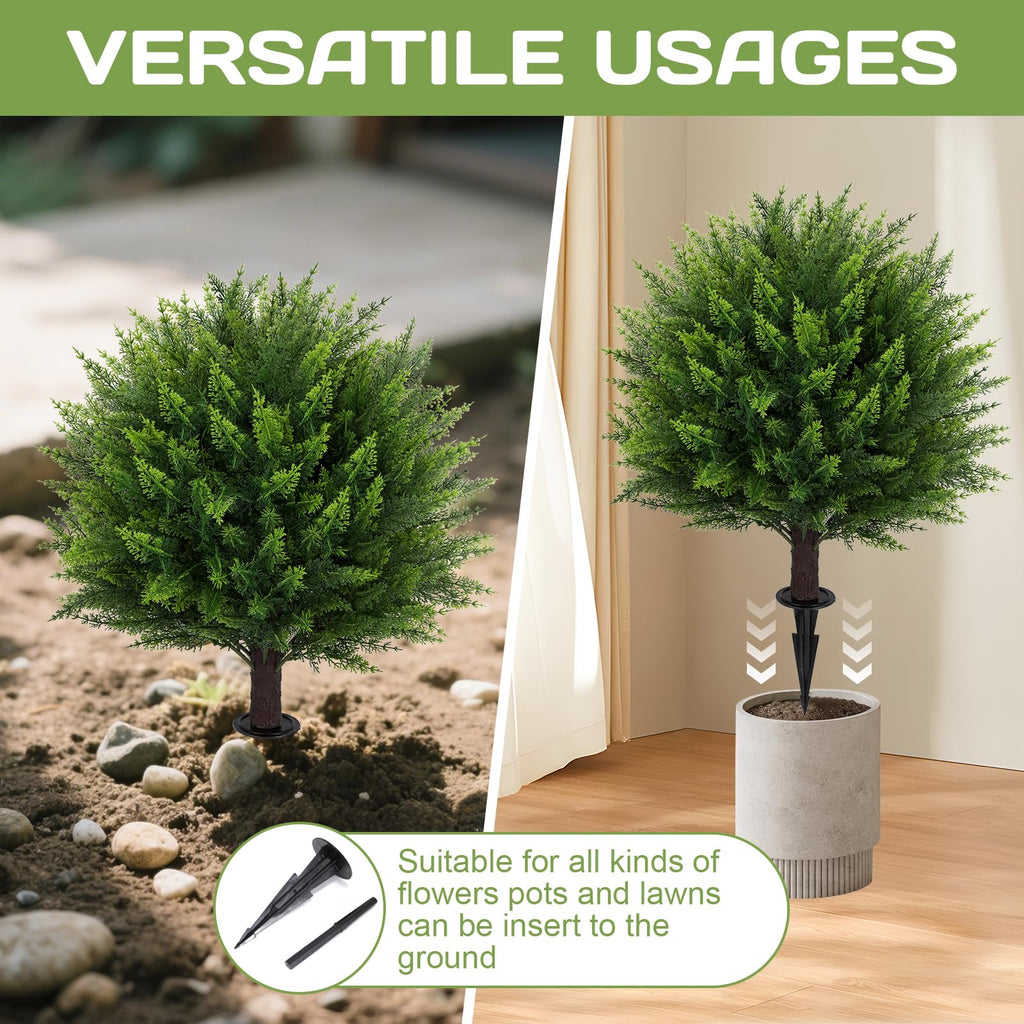 Set of 2 Artificial Cedar Topiary Ball Tree, 23" with Ground Spike