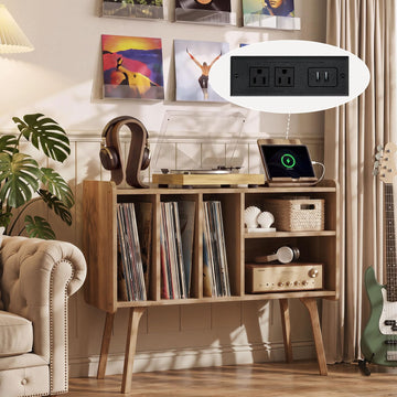 32" Large Record Player Stand with Charging Station, Rustic Brown