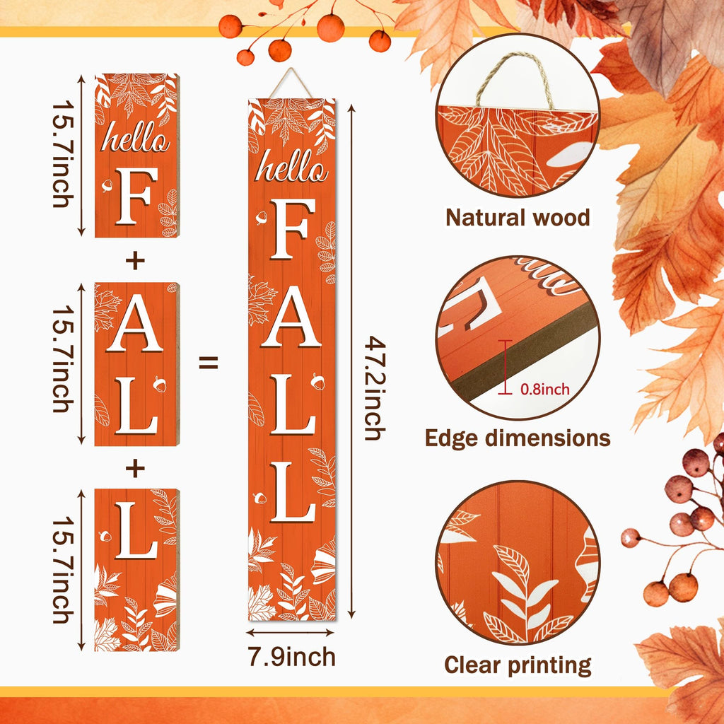 Hello Fall Porch Sign Autumn Leaves Wooden Welcome Sign Vertical Fall Hanging Signs For Standing Front Porch Decor