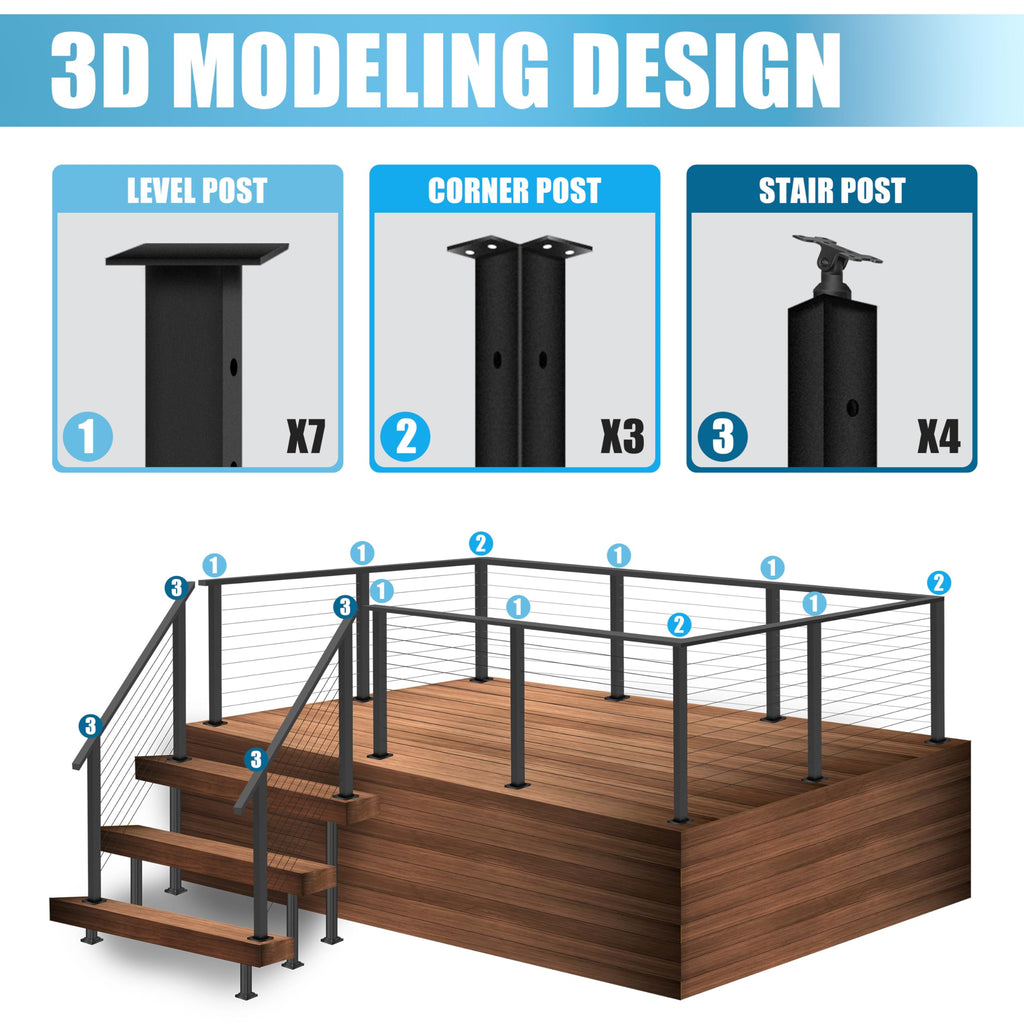 15FT 42" Complete Black Cable Railing Post Kit 4 line Post Kit -Cable Railing System for Deck Easy DIY (No Handrail)