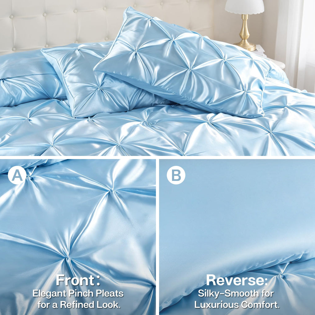 Satin Comforter Set Light Blue, 7-Piece Pintuck Bed in A Bag
