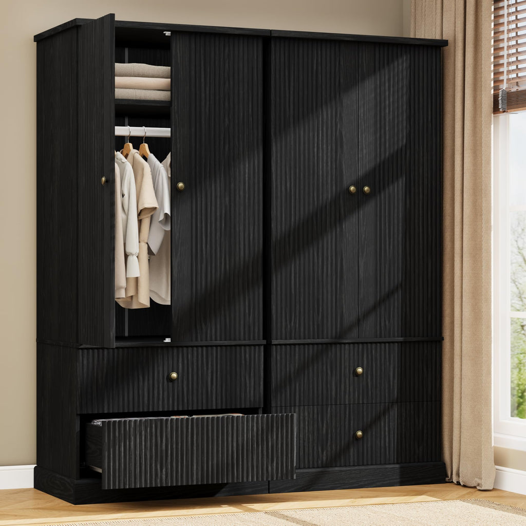 72" Tall Wood Armoire Wardrobe Closet, Fluted, 2 Drawers, Black