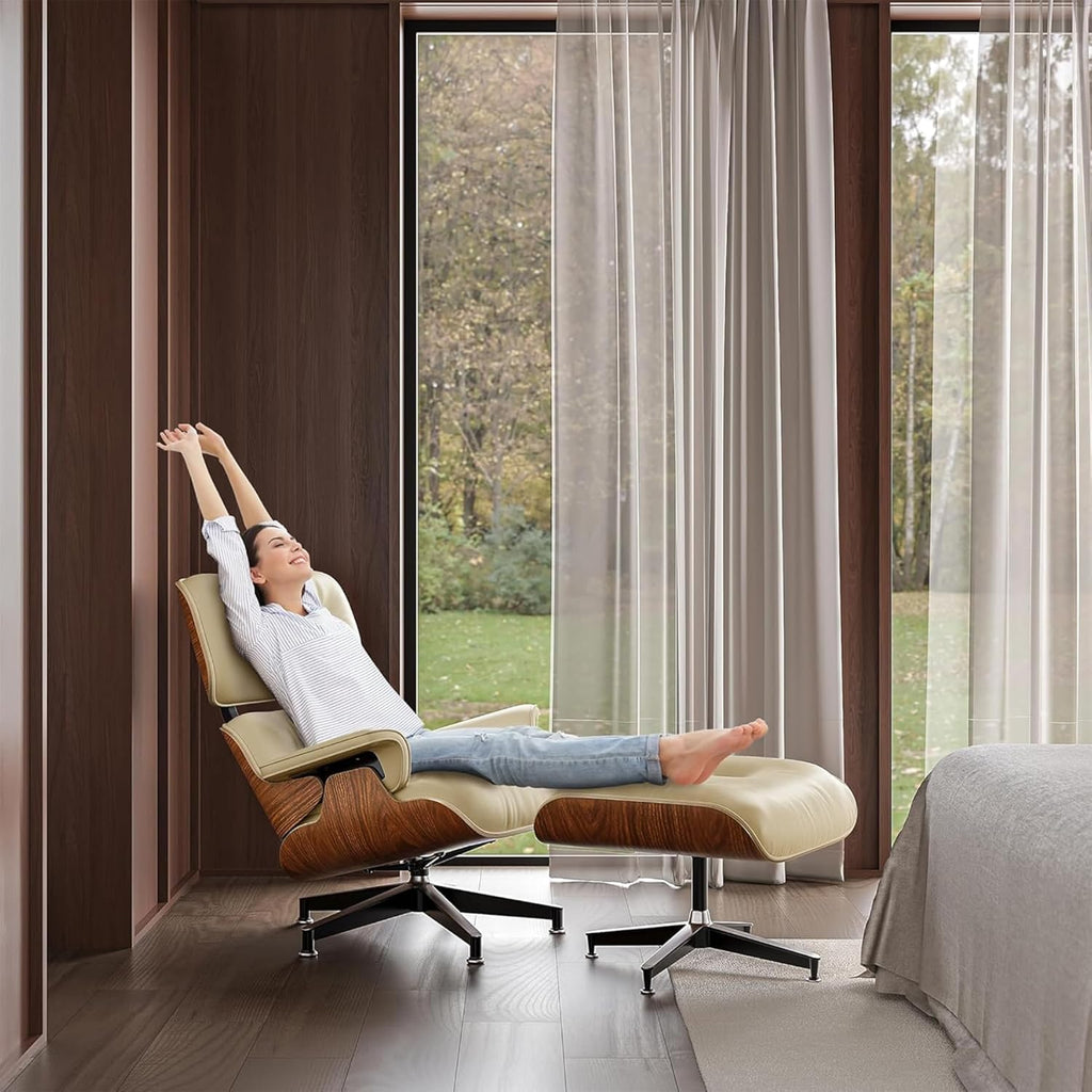Mid-Century Modern Lounge Chair & Ottoman — Cream Bonded Grain Leather, Walnut Base, Tall Back