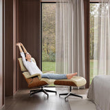 Mid-Century Modern Lounge Chair & Ottoman — Cream Bonded Grain Leather, Walnut Base, Premium Tall Back