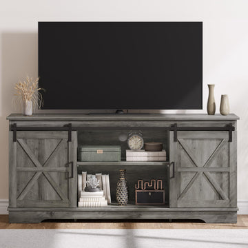 59" Farmhouse TV Stand for 65" TV, 2 Sliding Barn Doors, Rustic Grey