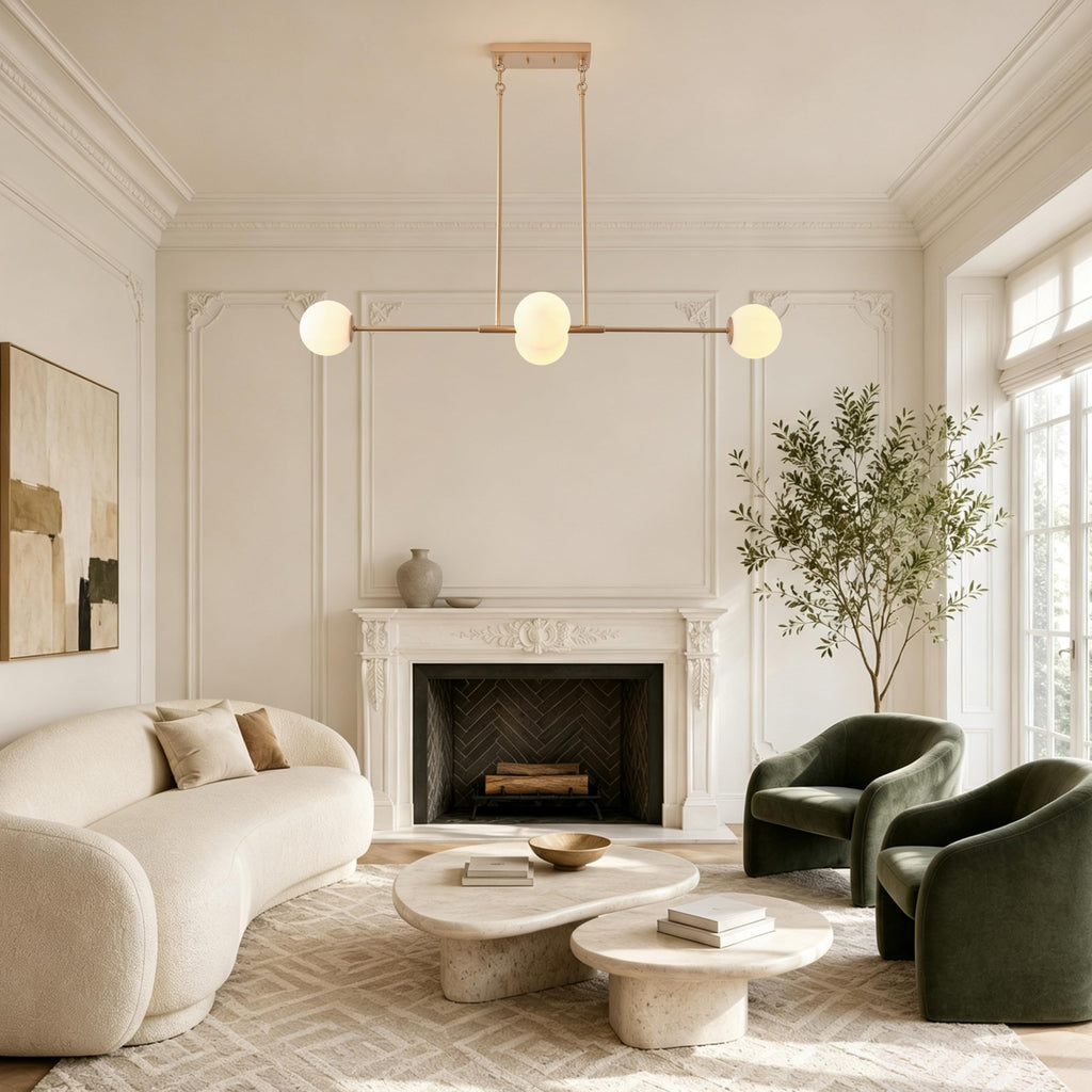 Gold Linear Chandelier, 48-Inch Frosted Globe Island Light