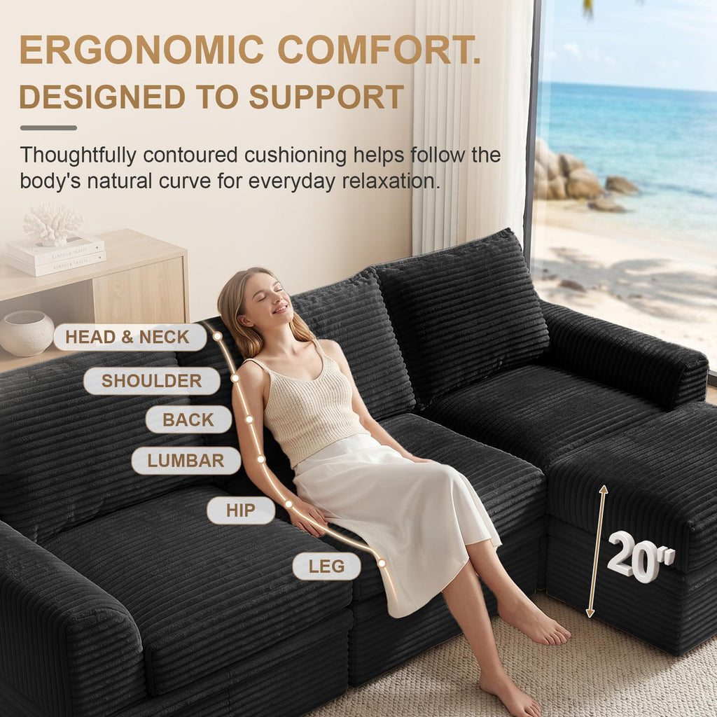 Upgraded Boneless Couch with Storage, Sectional Couches, L-Shaped Modular Cloud Corduroy Sofa with Ottoman &