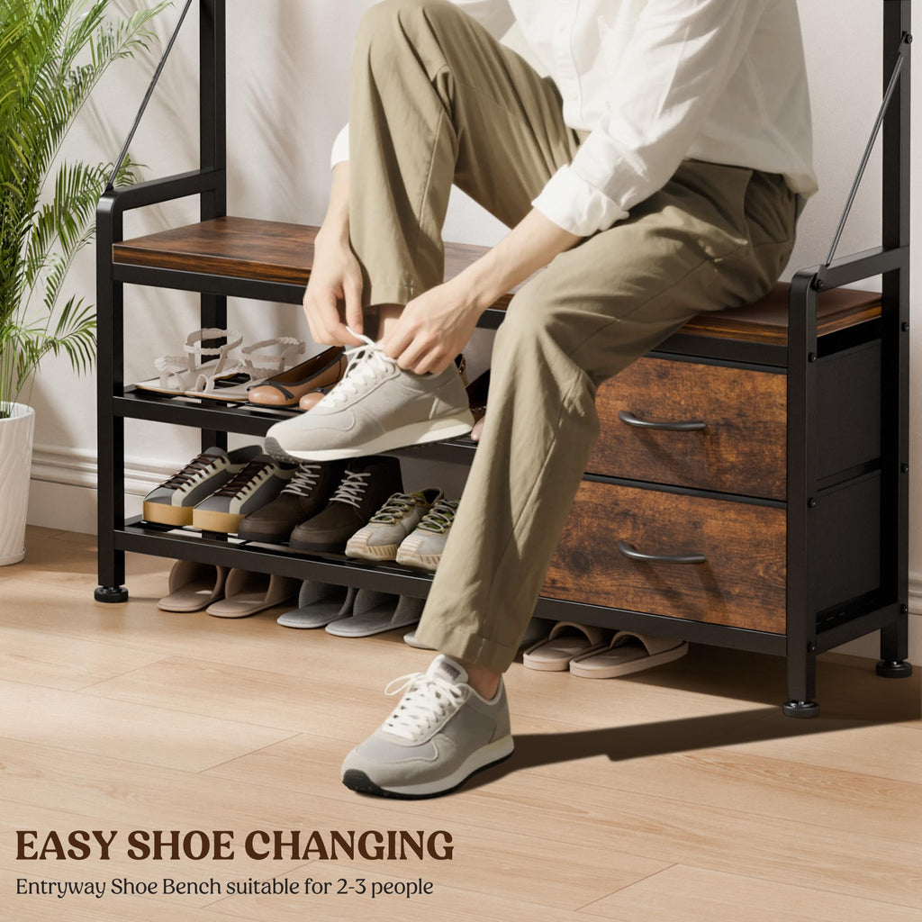 Coat Rack, 39.4" Hall Tree with Shoe Storage Bench, Rustic Brown