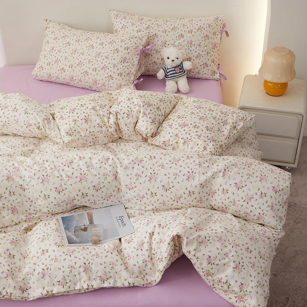 Farmhouse Boho Comforter Set Queen Floral with 2 Bowknot Bow Tie Pillowcases, Soft Cotton Fluffy Queen Comforter Bed