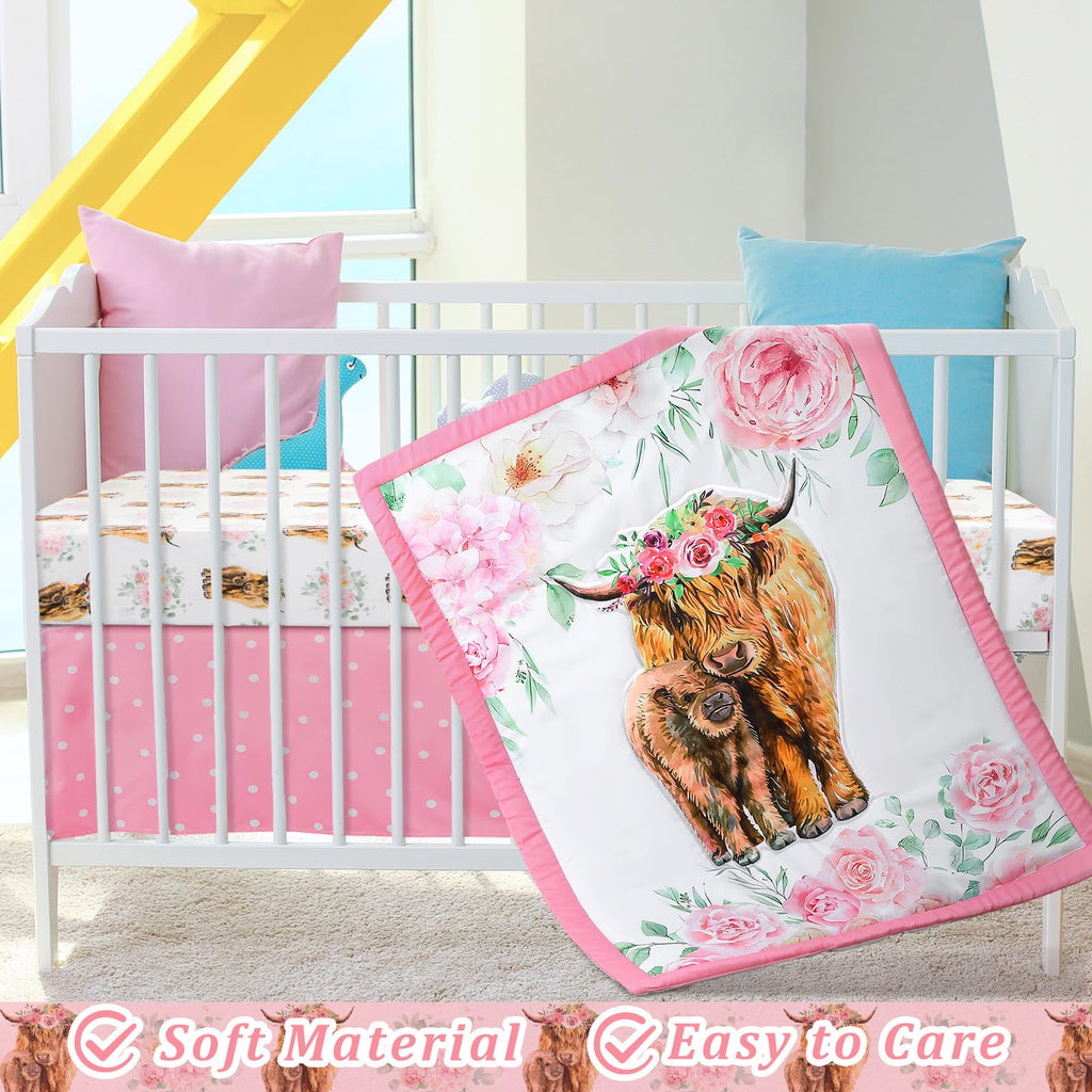 3 Pcs Highland Cow Baby Girl Crib Bedding Set Soft & Thick