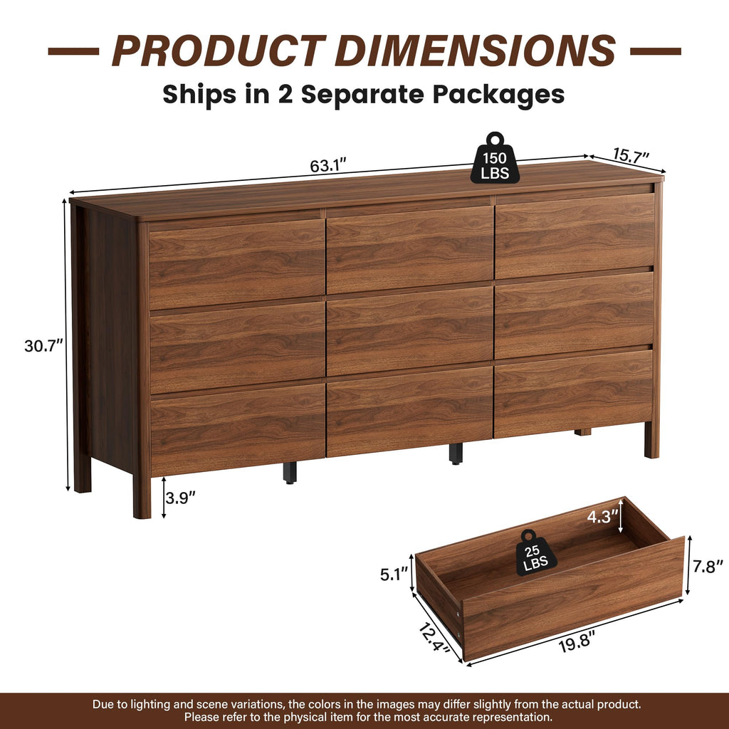 63" Wide 9 Drawer Wood Dresser with Legs, Walnut