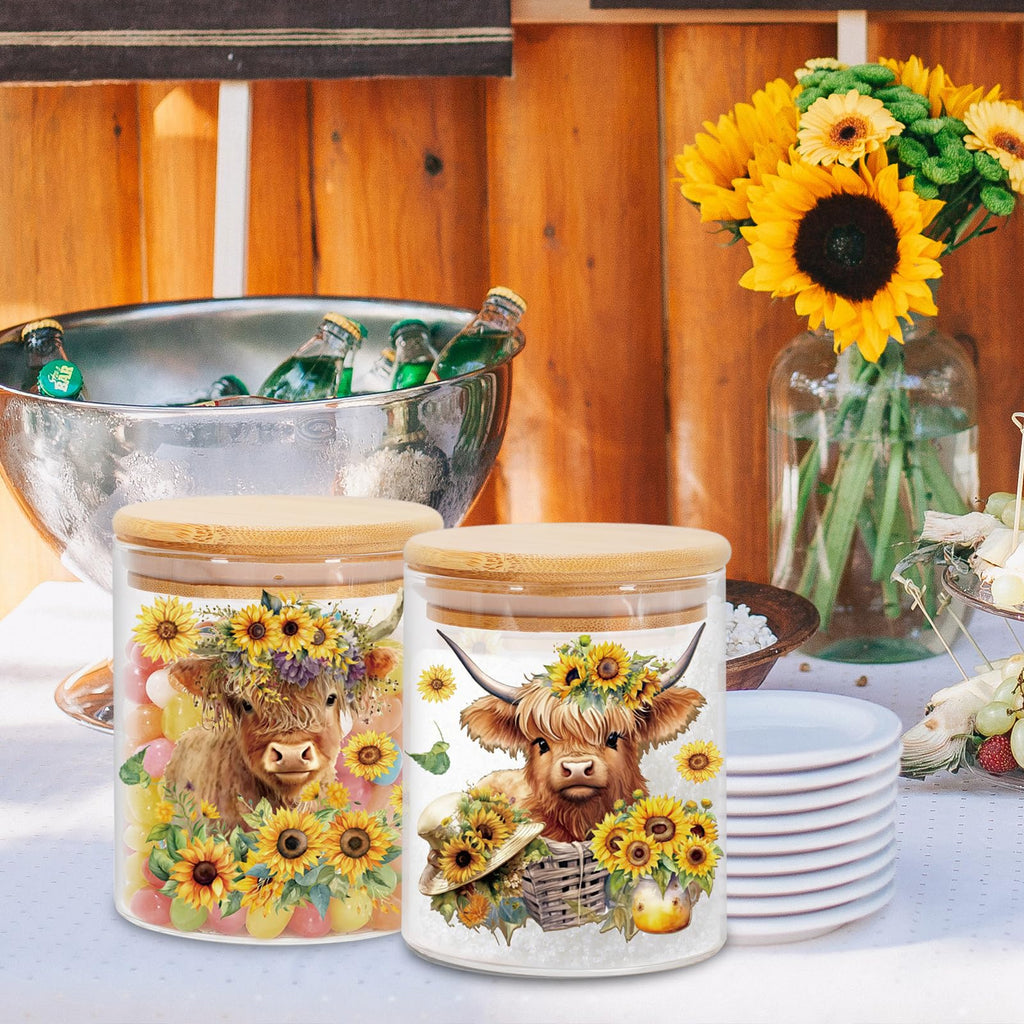 3Pcs Highland Cow Sunflower Glass Storage Jars With Airtight Lid Cattle Floral Decorative Canisters Sets for Cookie