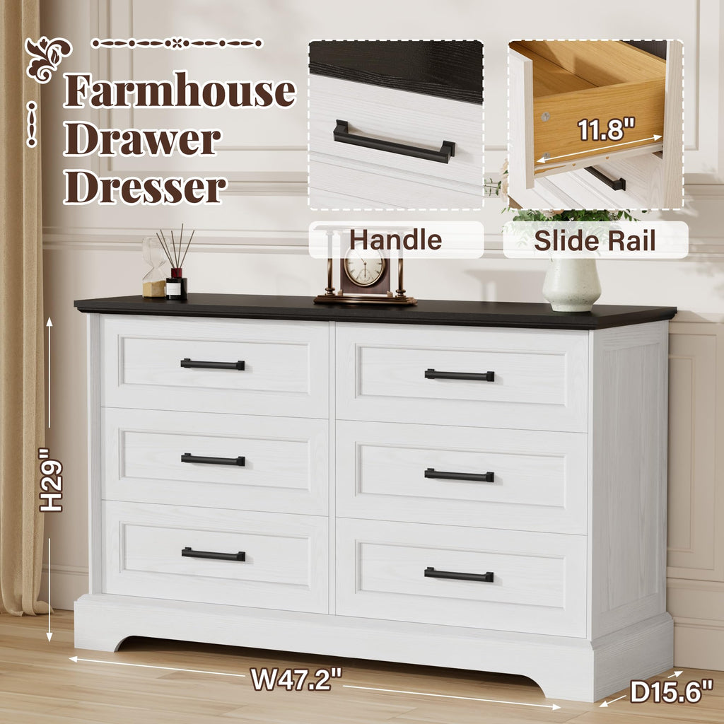 Farmhouse Dresser, 6 Drawers Dresser, White & Black