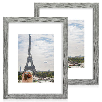 11x14 Picture Frame Set of 2, Made of Glass and Rustic Grey Wooden Frame, Display 8x10 Pictures with Mat or 11 x 14