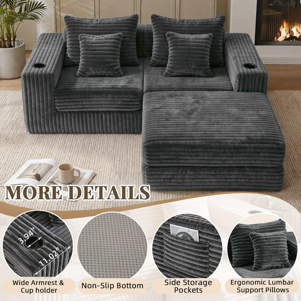 80" Cloud Modular Sectional Sofa, Boneless Corduroy Couch Sofa with Cup Holders & Side Pockets, L-Shaped Couch with