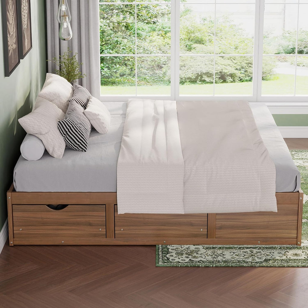 King Size Wooden Floor Bed Frame with 6 Storage Drawers