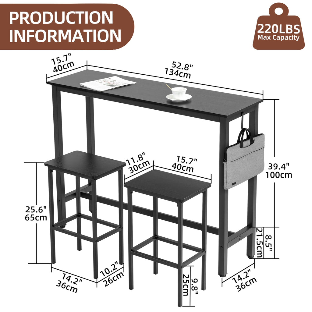 52.7" Industrial Bar Table Set with 2 Stools - Counter Height Dining & Pub Table for Small Spaces, Kitchen