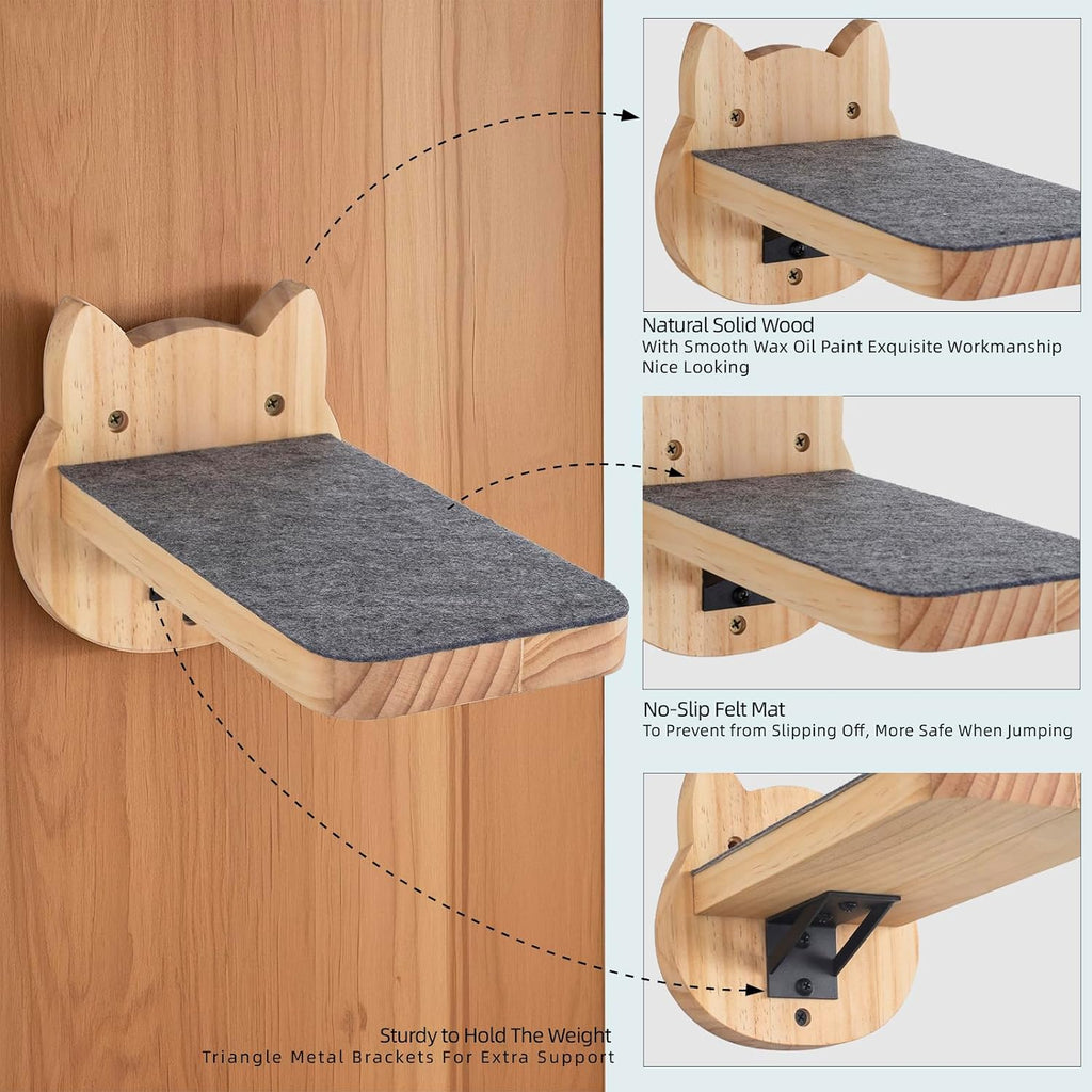 Natural Solid Wood Cat Wall Floating Steps, Set of 3