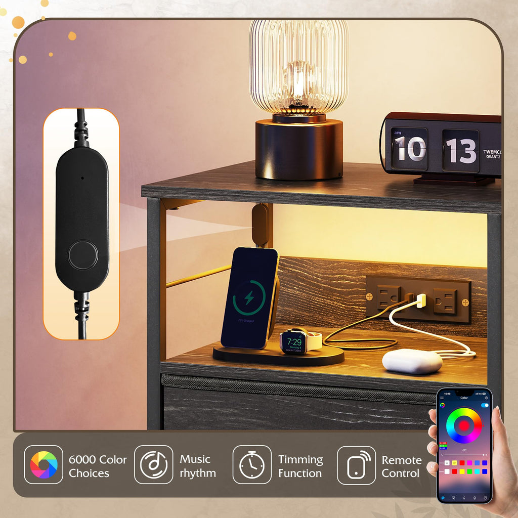 Night Stand with Charging Station, Charcoal Black Tall Bedside Table