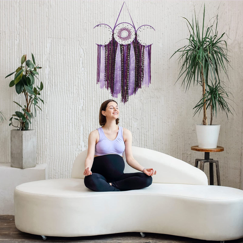 Purple Triple Moon Goddess Dream Catcher Macrame Wall Hanging, Pagan Decor