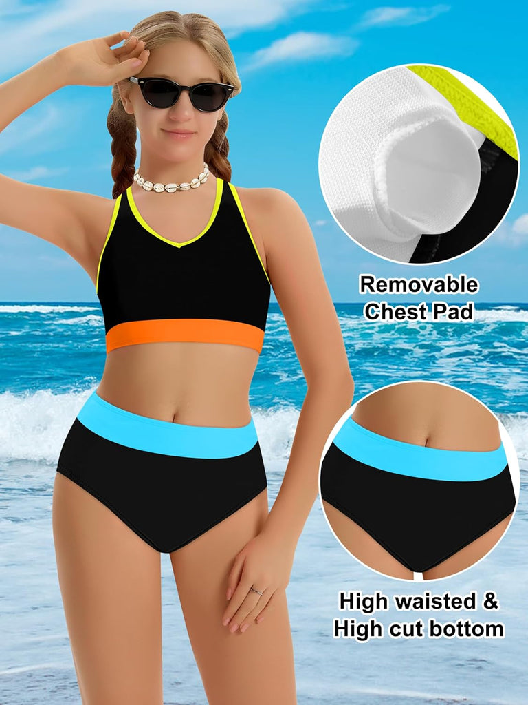 Girls Swimsuit Color-Block High Waist Sporty Sets Girls Two Piece Bathing Suit with Chest Pad Swimwear