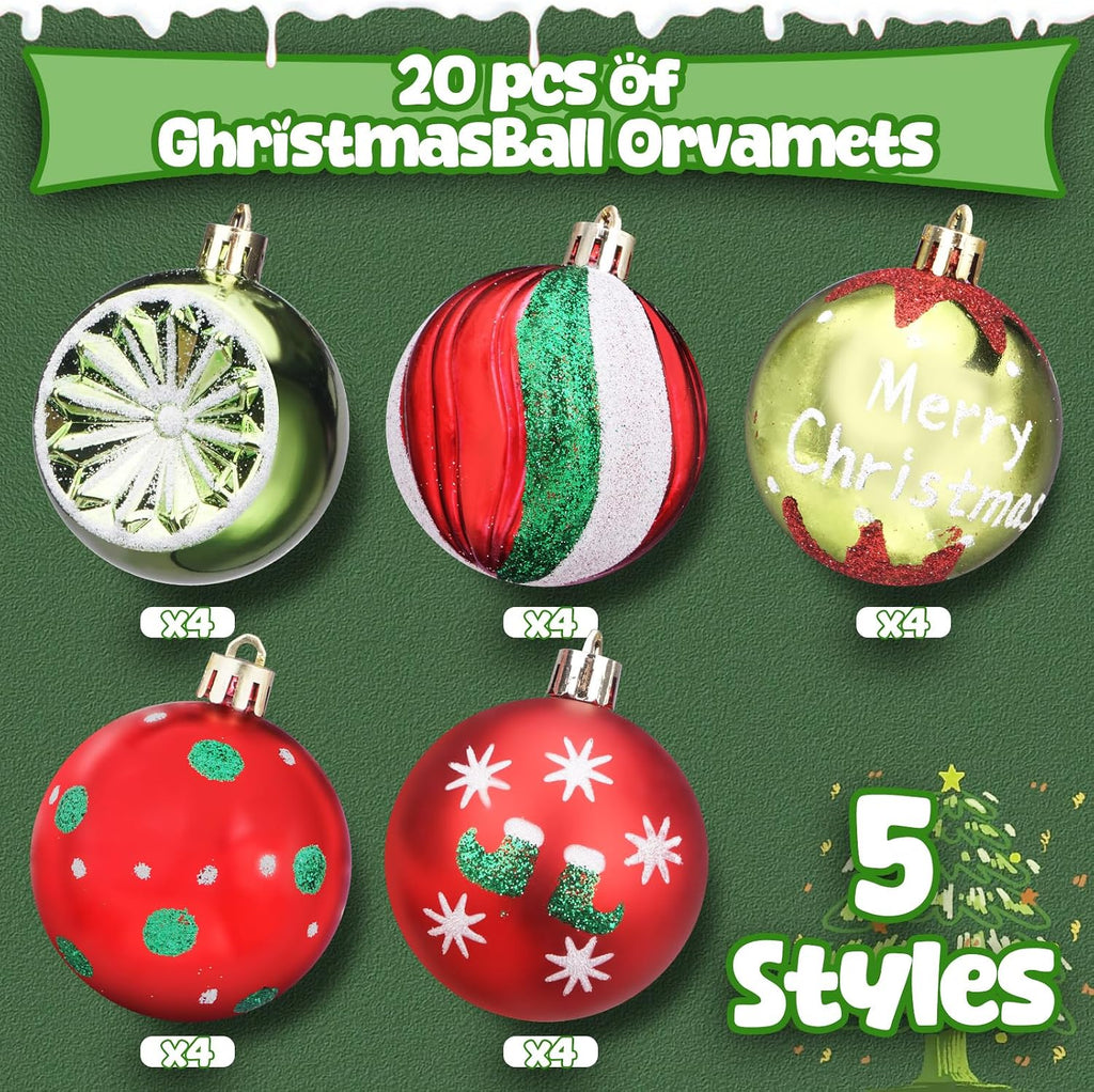 Christmas Ball Ornaments Set - 2.36" Red and Green Glittering Hanging Esferas De Navidad, Shatterproof - Set of 20