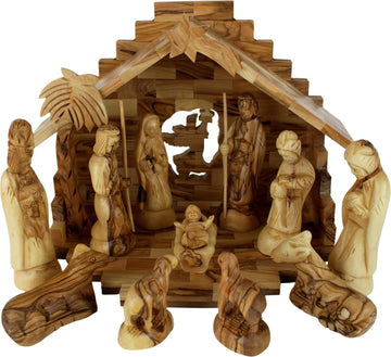 Olive Wood Nativity Set With Stable. Exquisite (14 Pieces Set)