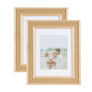 Corah Modern Faux Rattan Picture Frame Set of 2, 11 x 14 matted to 8 x 10, Natural, Boho Two-Piece Glass Photo Frame