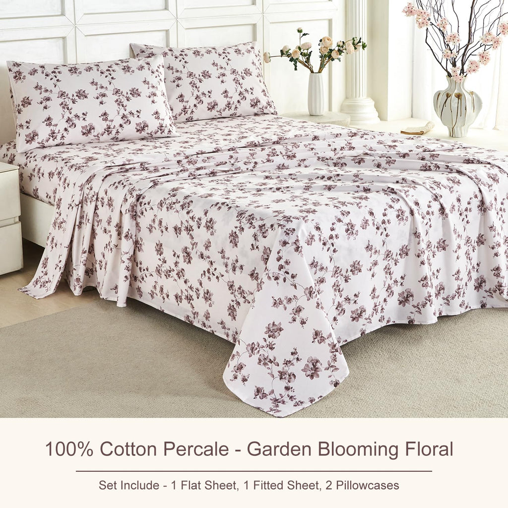 Sheets Set Vintage Tan/Brown Floral Bedding Farmhouse Sheets Set 100% Percale Cotton Breathable Cool Crisp
