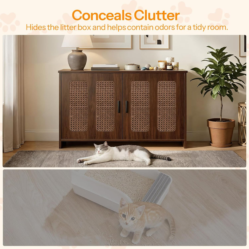 Farmhouse Cat Litter Box Enclosure, Hidden Litter Box Furniture with Side Entry & Vents, Litter Box Cabinet