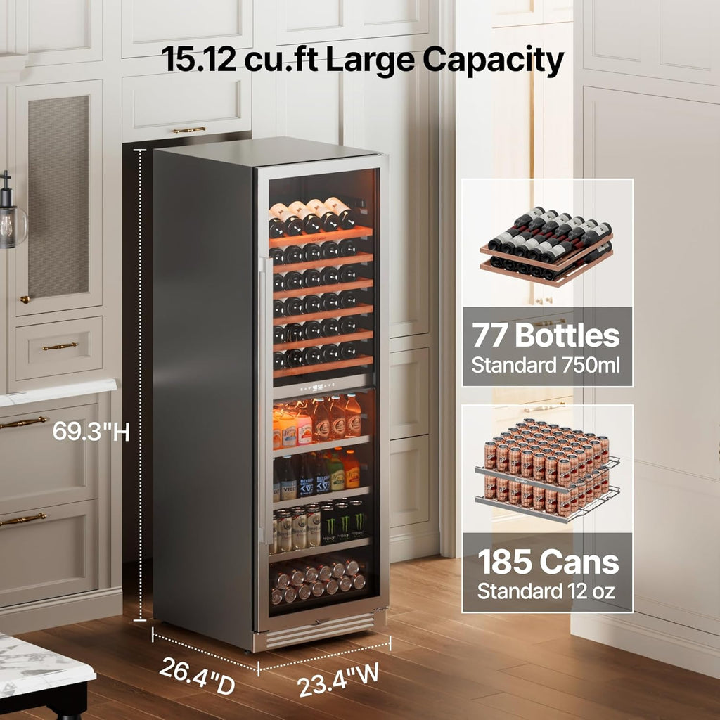 24 Inch Wine & Beverage Refrigerator - 185 Can + 77 Bottle Dual Zone 34-65°F Coo