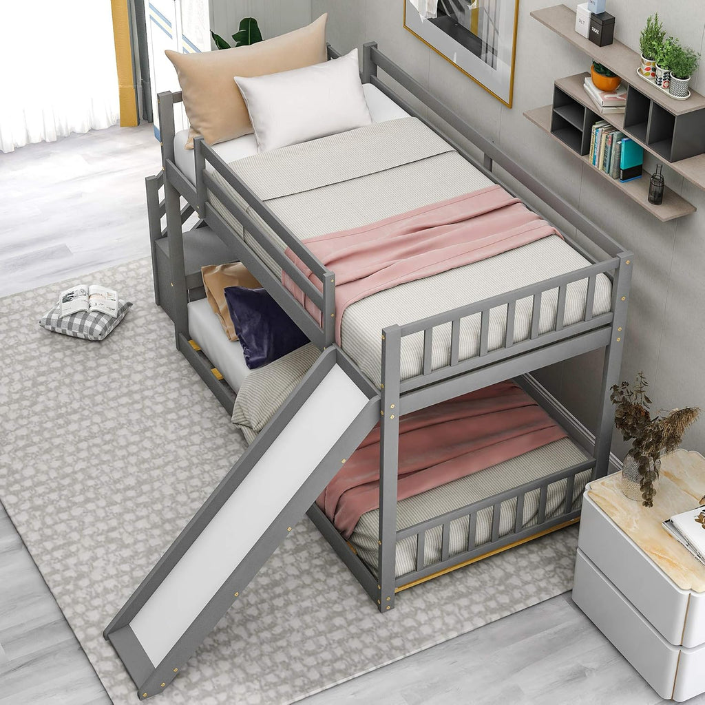 Twin Over Twin Bunk Bed with Slide and for Storage Staircase for Teens, Boys or Girls, No Box Sping Needed