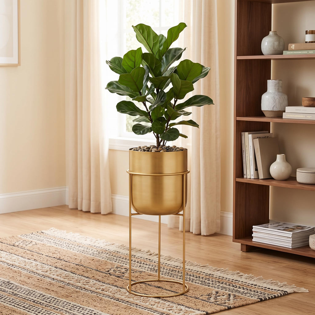 Matt Metal Plant Pot with Gold Plant Stand - Tall 20 Inch Height Large Plant Pot Indoors with Stand - Large