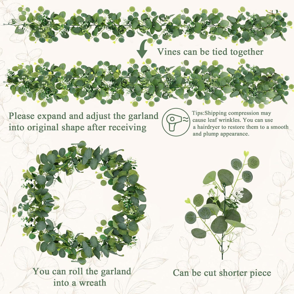 Artificial Eucalyptus Garland with Flowers, Faux Greenery Garland Decor 6FT Eucalyptus Vines, Fake Hanging - Set of 2