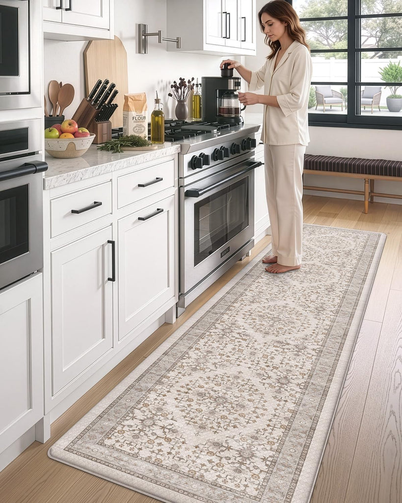 Kitchen Floor Mats Cushioned Anti Fatigue Runner Rug, 23x86 | Beige/White Soft Comfort Memory Foam, Easy Care