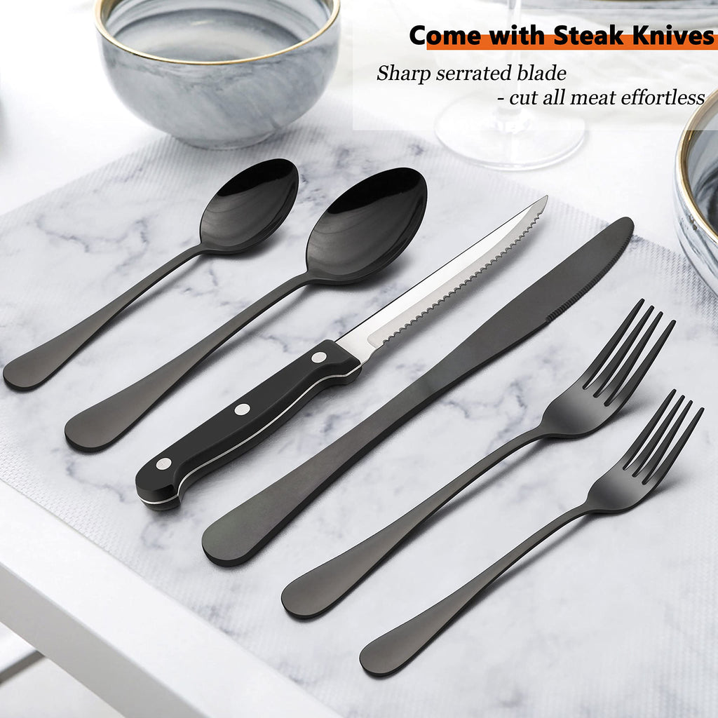 48-Piece Black Silverware Set with Steak Knives, Stainless Steel Flatware for 8, Mirror Finish, Dishwasher Safe
