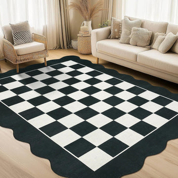 Large Area Rug Washable Living Room Rug Scalloped Neutral Area Rugs Dining Room Modern Checkerboard Carpet Stain