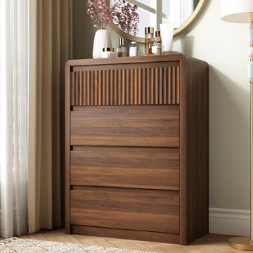 4 Drawer Dresser, 40" Tall Fluted Dresser with Curved Corners, Wood Dressers & Chests of Drawers with Dual-Panel