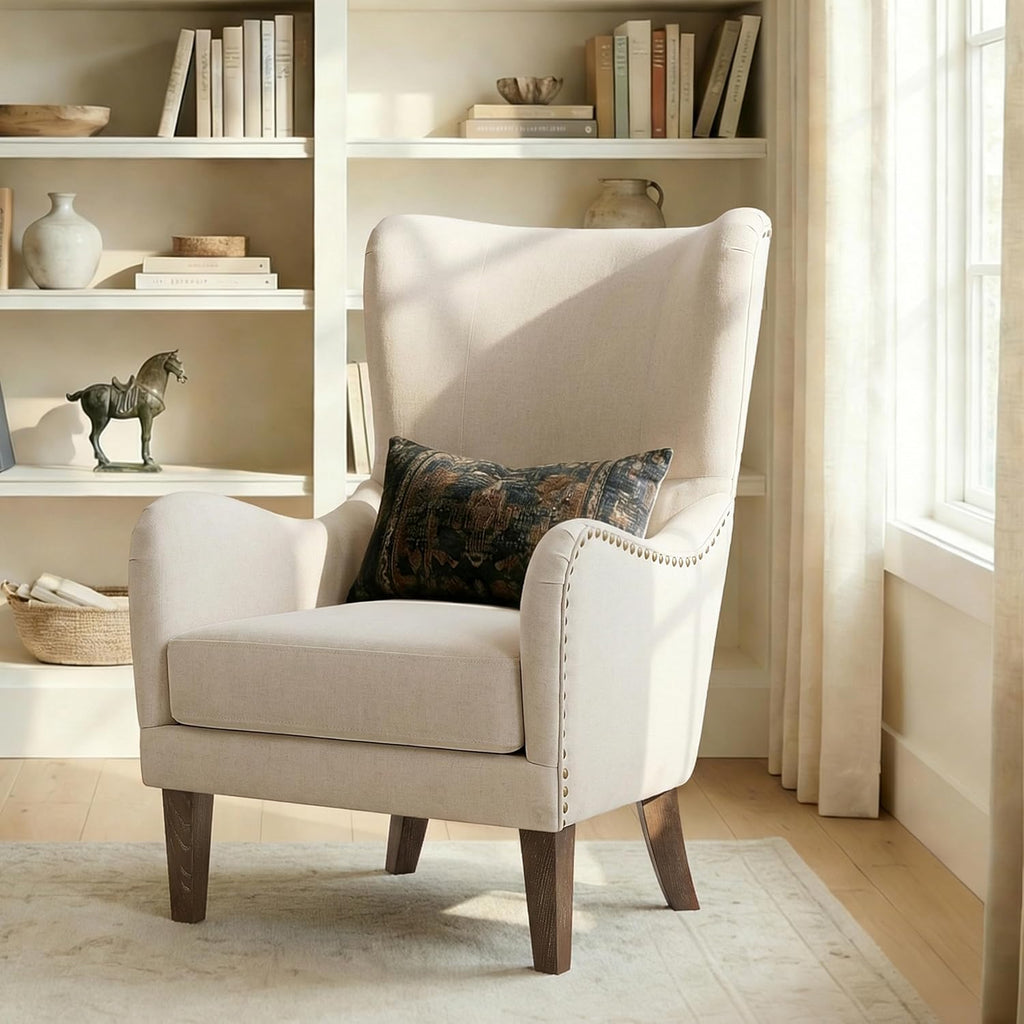 High Wingback Accent Chair and Ottoman Set, Mid-Century Modern Club Comfy Reading Armchair, Lazy Side Sofa Chair