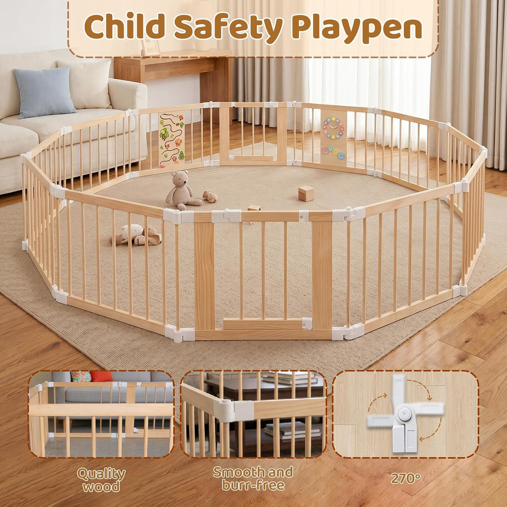Baby Playpen with Montessori Toys, 12 Panels Foldable Wooden Play Yard for Toddlers & Infants 2-in-1 Baby Fence Play