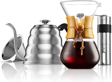 Pour Over Coffee Maker Set | Kit Includes 40 OZ Gooseneck Kettle with Thermometer, Coffee Mill Grinder & 20 OZ Coffee